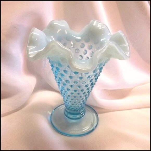 1940s Vintage Fenton Blue Hobnail Opalescent Art Glass Vase - Picture 2 of 5
